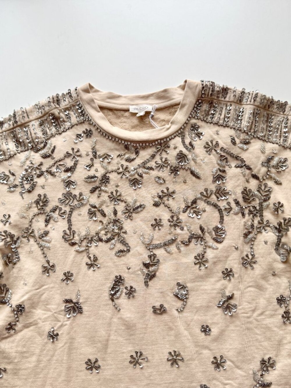 Anthropologie PILCRO Beige Beaded Sequin 100% Cotton Terry Sweatshirt, Size M - Picture 7 of 16